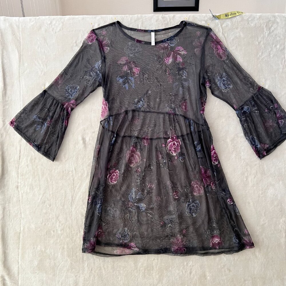 Xhiliration Sheer Mesh Mini Dress, Flounce Sleeves, Fairy Whimsy Goth, Size L